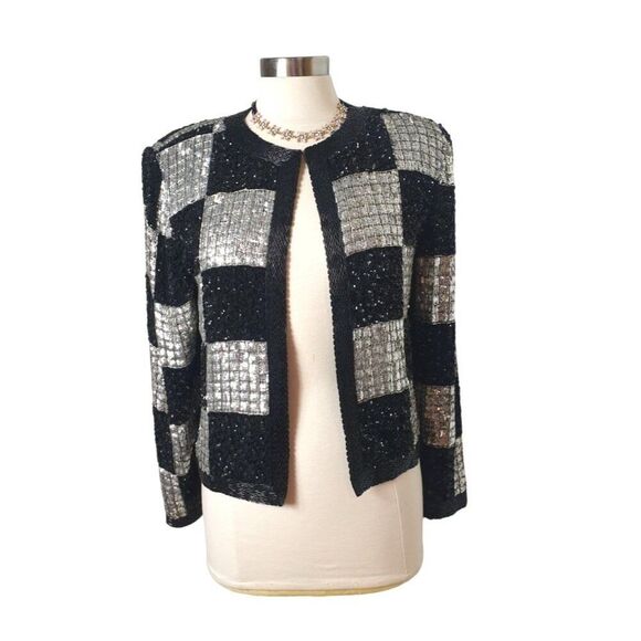 Vintage NITE Line Black Silver Sequin Jacket S Checkered Open Front Silk India - Picture 1 of 7